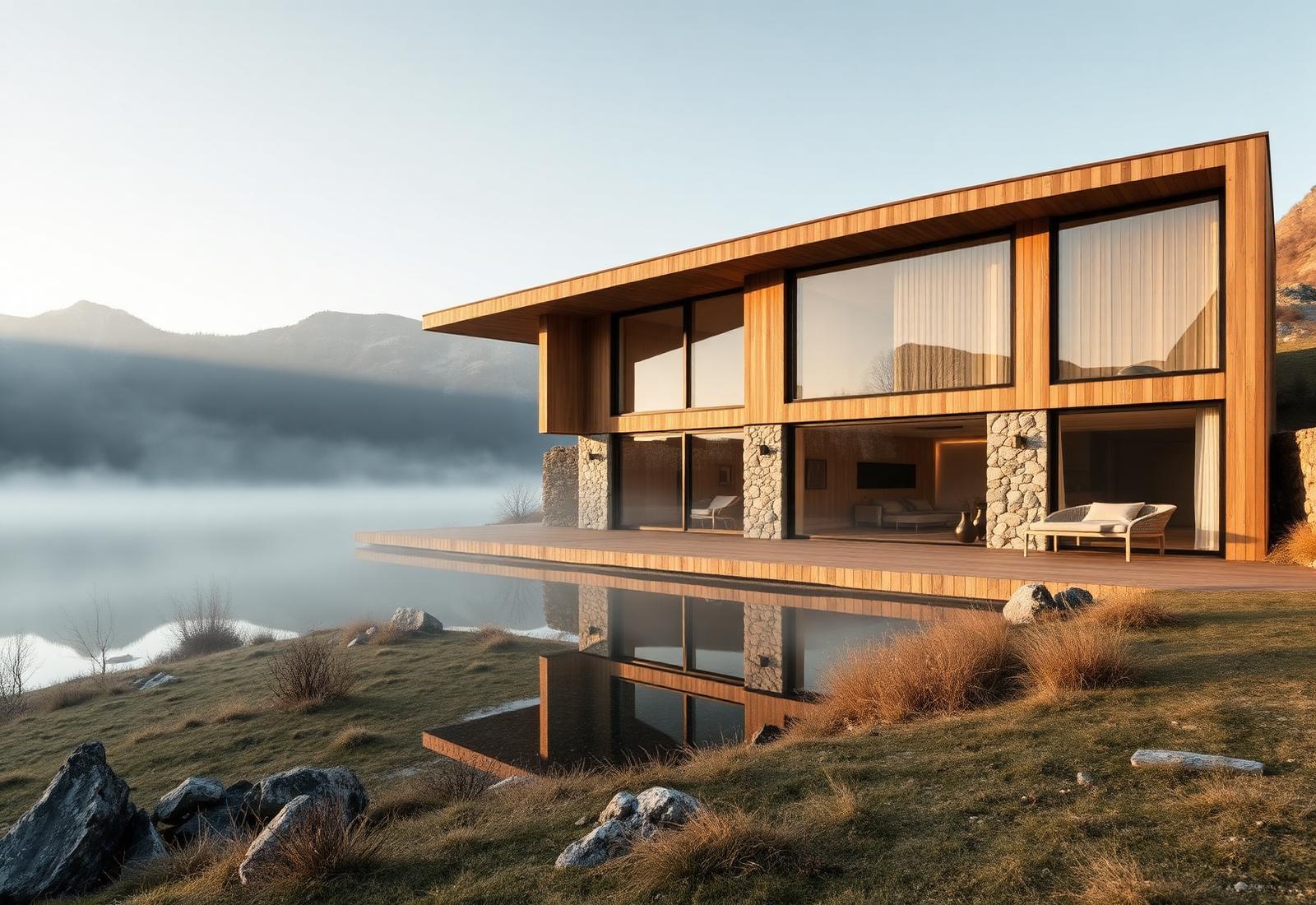 Modern Swiss villa of stone and warm wood, mirrored in a still lake