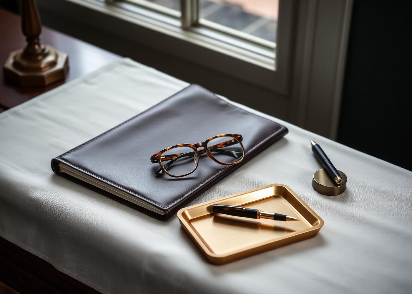 A leather folio, reading glasses and fountain pen on a linen-covered desk
