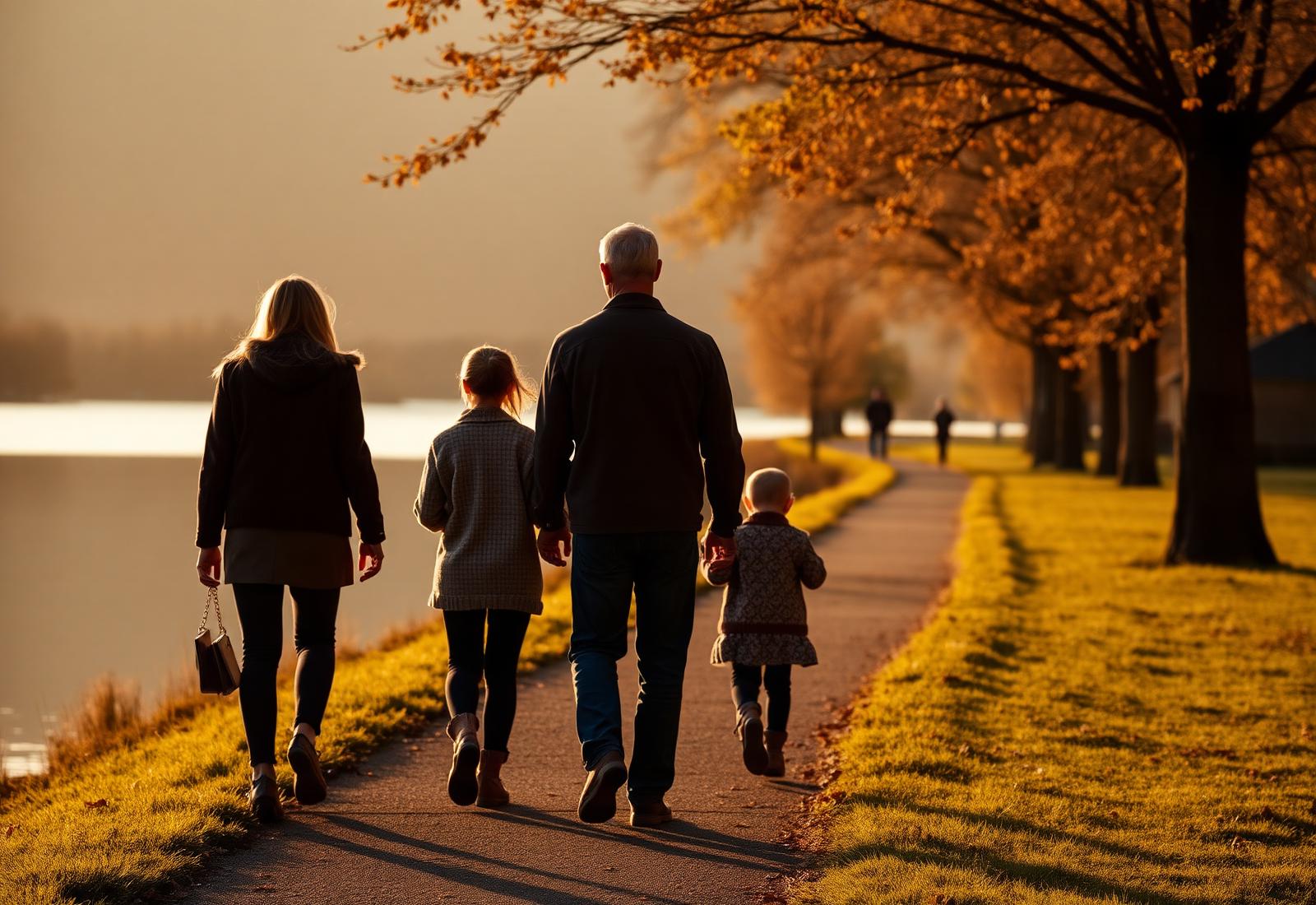 A family walking together along a lakeside path at golden hour