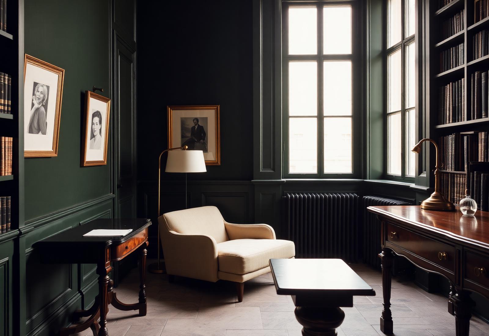 A quiet private study with forest green walls and warm daylight