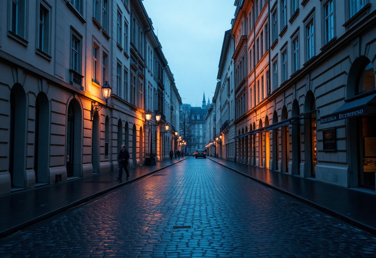 Quiet historic Swiss old-town street at dawn